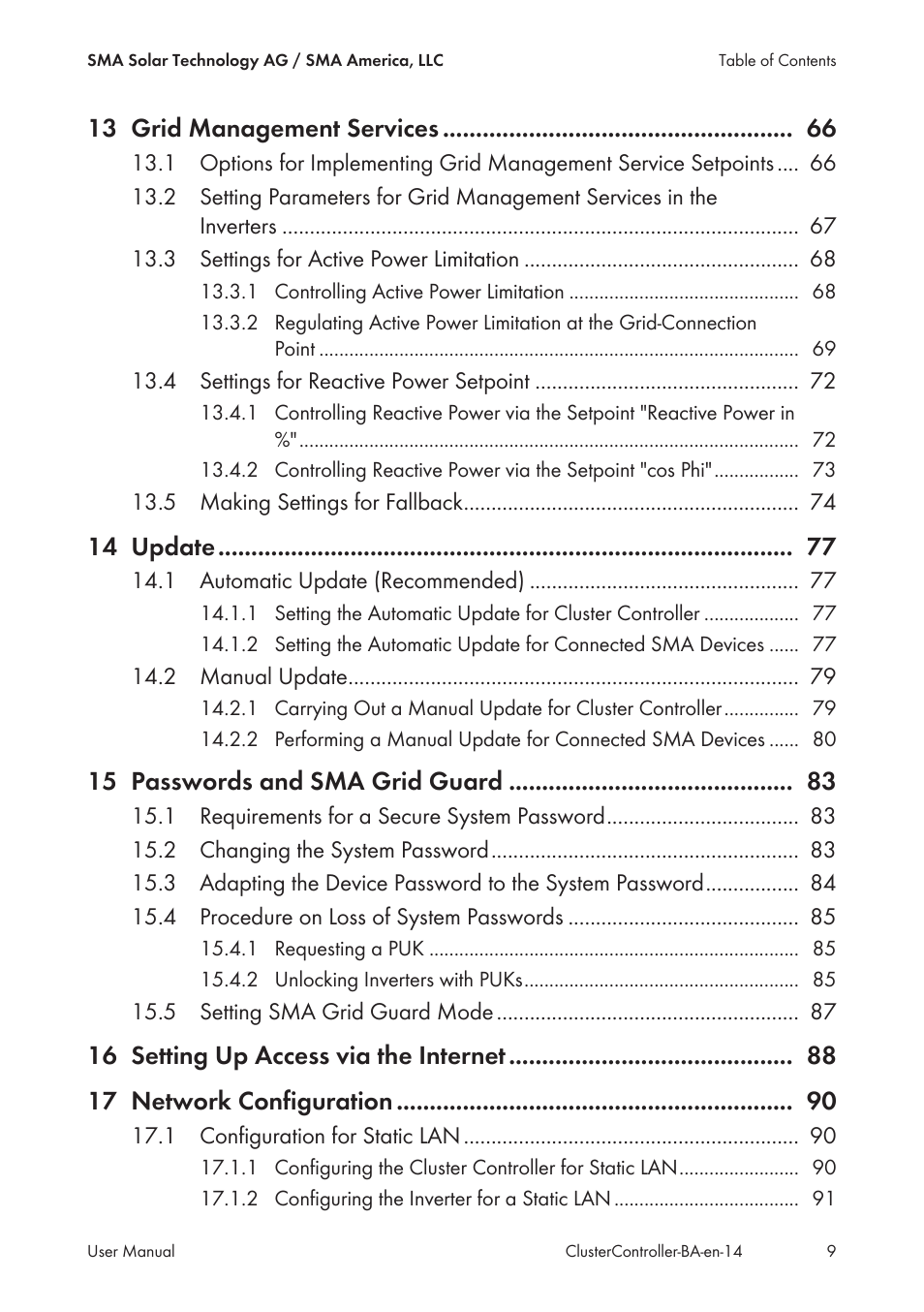 13 grid management services, 14 update, 15 passwords and sma grid guard | SMA CLUSTER CONTROLLER User Manual | Page 9 / 118