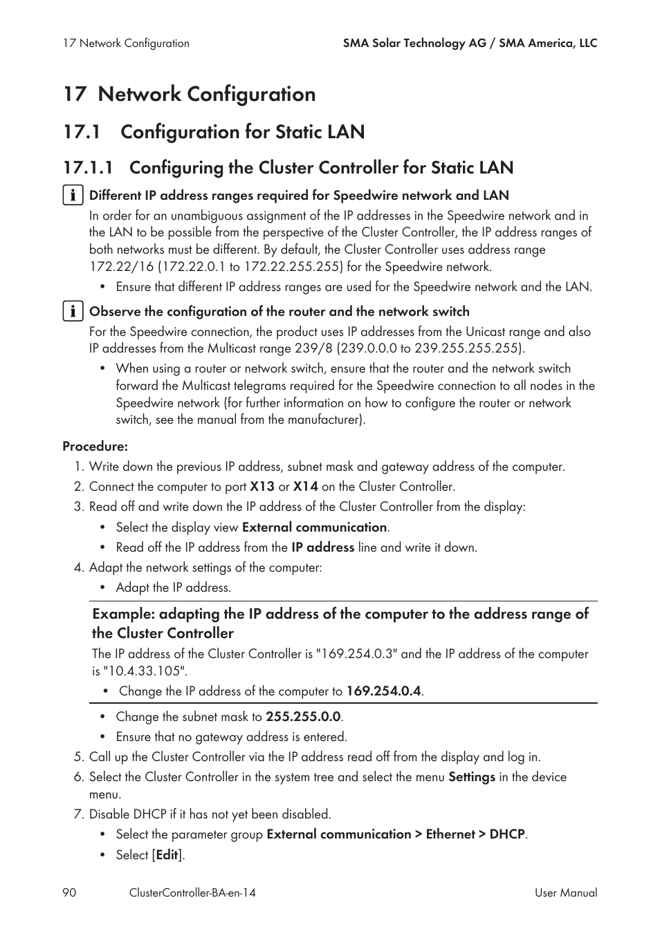 17 network configuration, 1 configuration for static lan | SMA CLUSTER CONTROLLER User Manual | Page 90 / 118