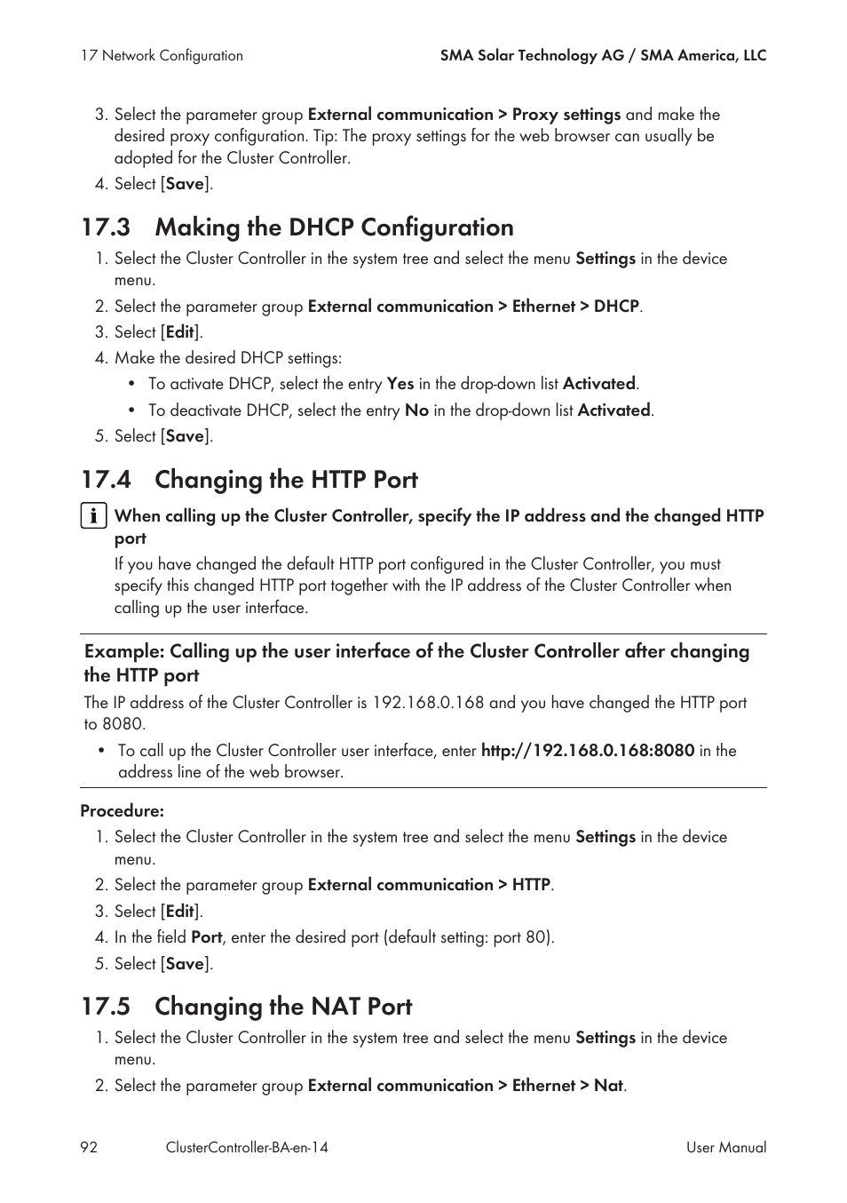 3 making the dhcp configuration, 4 changing the http port, 5 changing the nat port | SMA CLUSTER CONTROLLER User Manual | Page 92 / 118