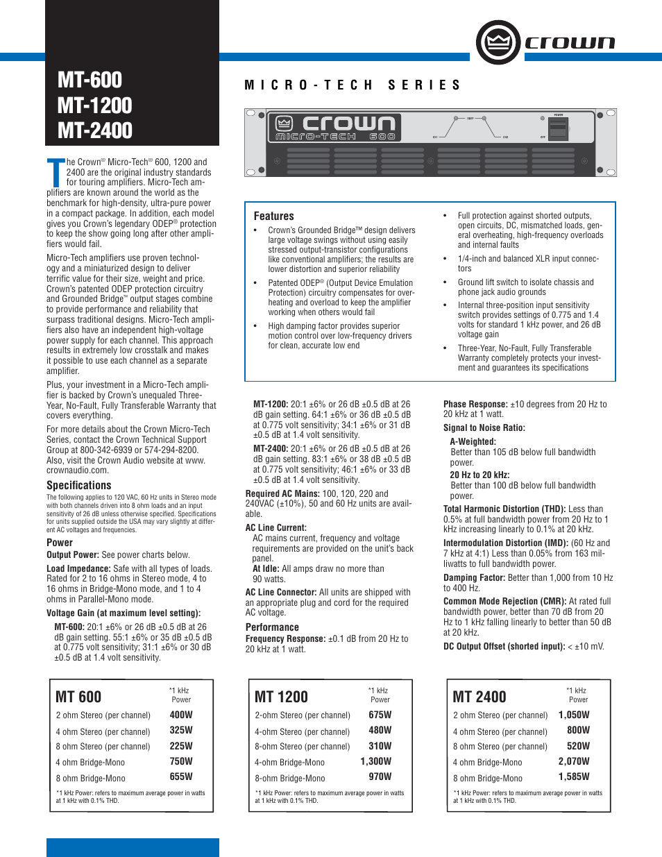 Crown Audio MT-1200 User Manual | 2 pages