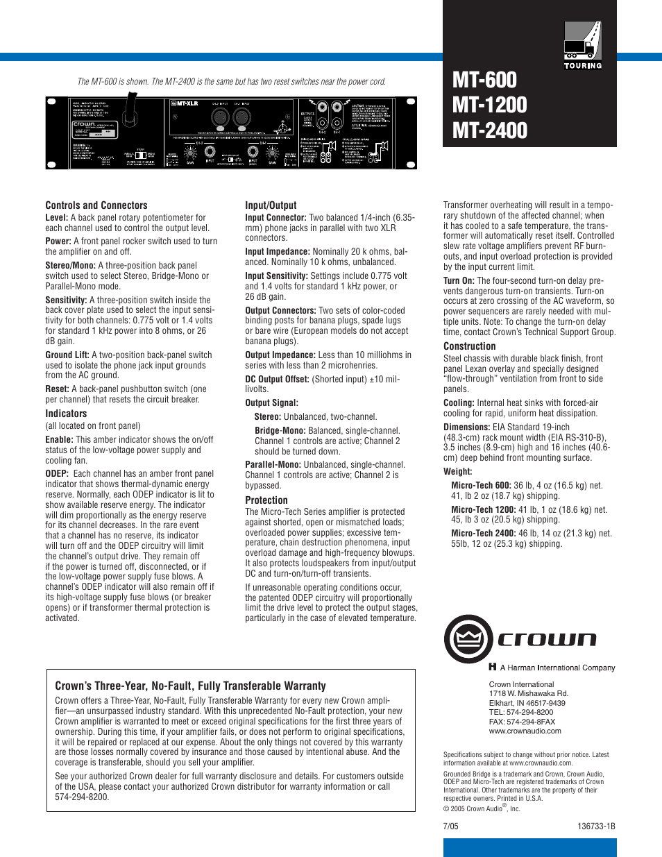 Crown Audio MT-1200 User Manual | Page 2 / 2