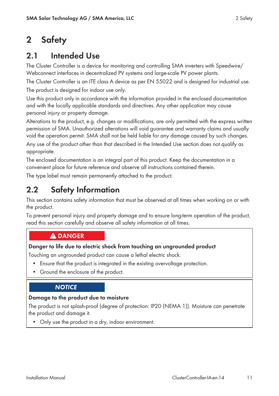 2 safety, 1 intended use, 2 safety information | Safety, Intended use, Safety information, 2safety | SMA CLUSTER CONTROLLER Installation User Manual | Page 11 / 92