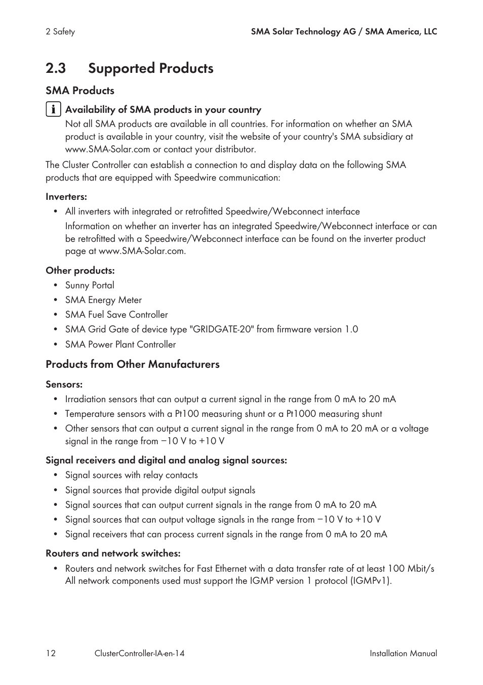 3 supported products, Supported products | SMA CLUSTER CONTROLLER Installation User Manual | Page 12 / 92