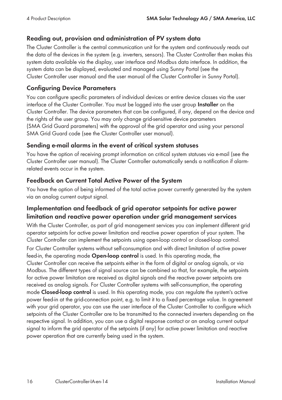 SMA CLUSTER CONTROLLER Installation User Manual | Page 16 / 92