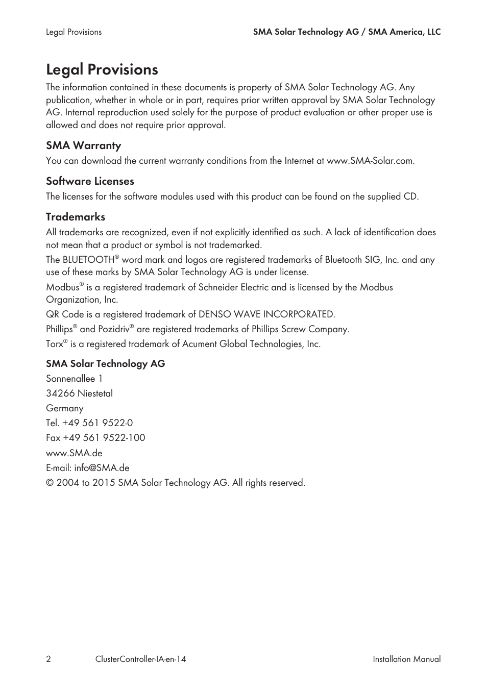Legal provisions | SMA CLUSTER CONTROLLER Installation User Manual | Page 2 / 92