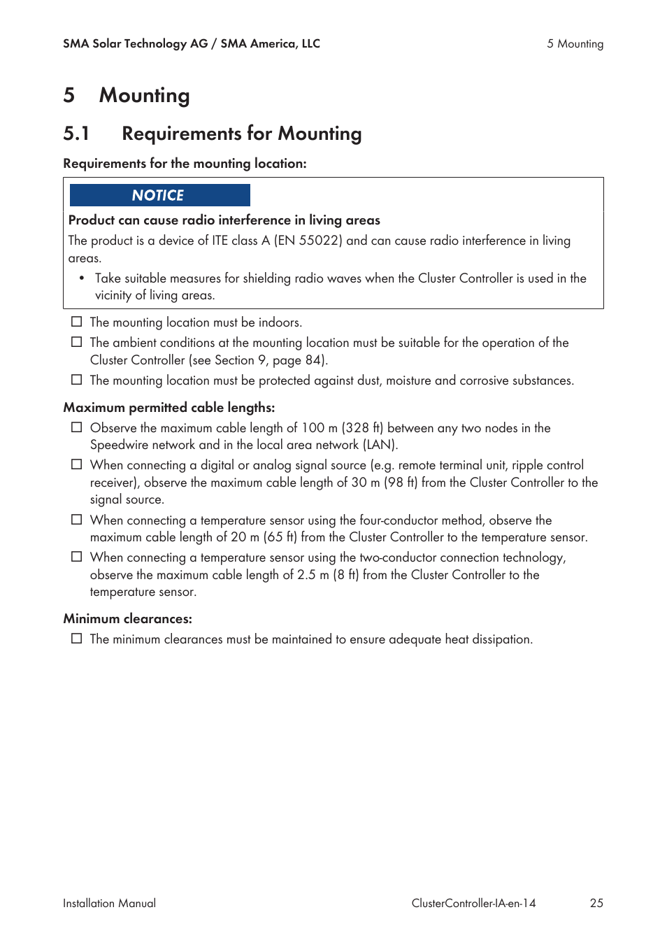 5 mounting, 1 requirements for mounting, Mounting | Requirements for mounting, 5mounting | SMA CLUSTER CONTROLLER Installation User Manual | Page 25 / 92