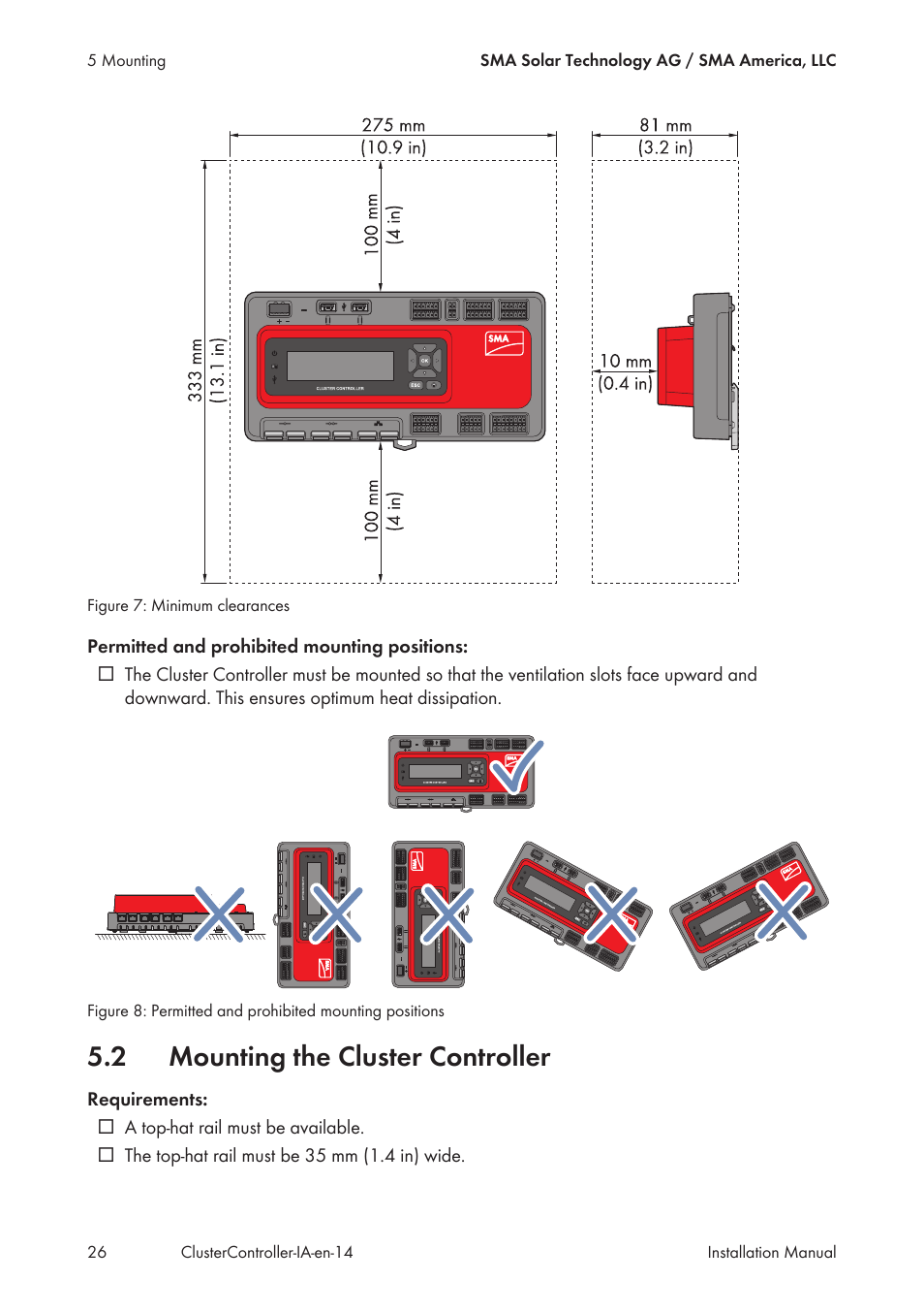 2 mounting the cluster controller, Mounting the cluster controller | SMA CLUSTER CONTROLLER Installation User Manual | Page 26 / 92