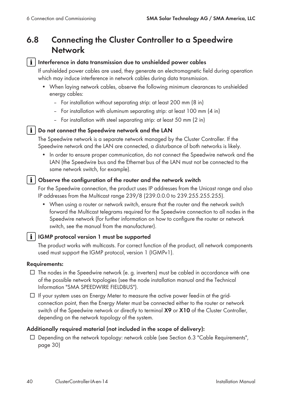SMA CLUSTER CONTROLLER Installation User Manual | Page 40 / 92