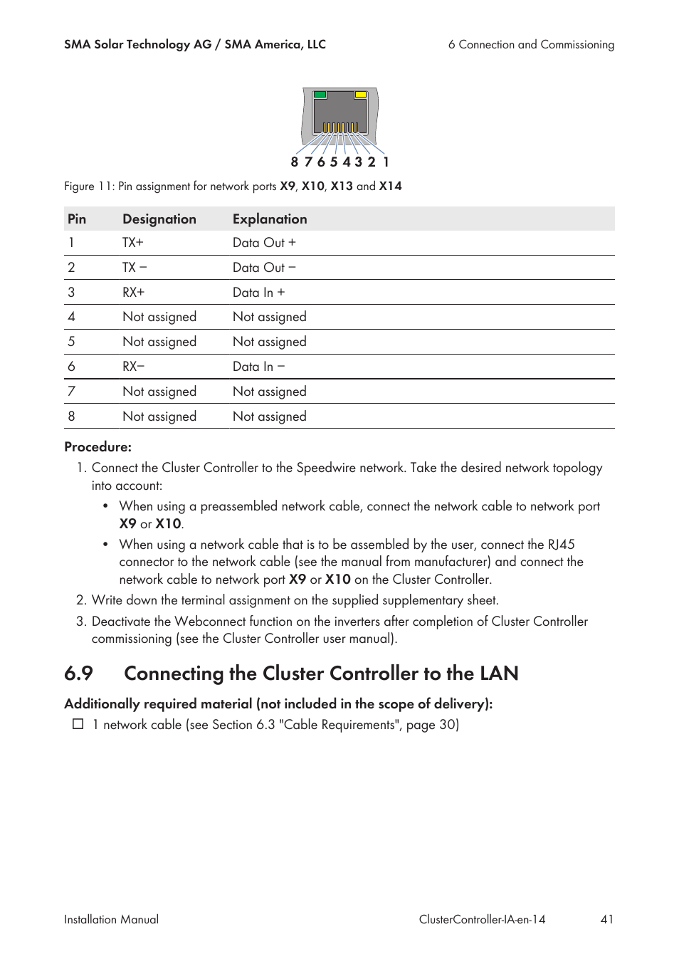 9 connecting the cluster controller to the lan, Connecting the cluster controller to the lan | SMA CLUSTER CONTROLLER Installation User Manual | Page 41 / 92