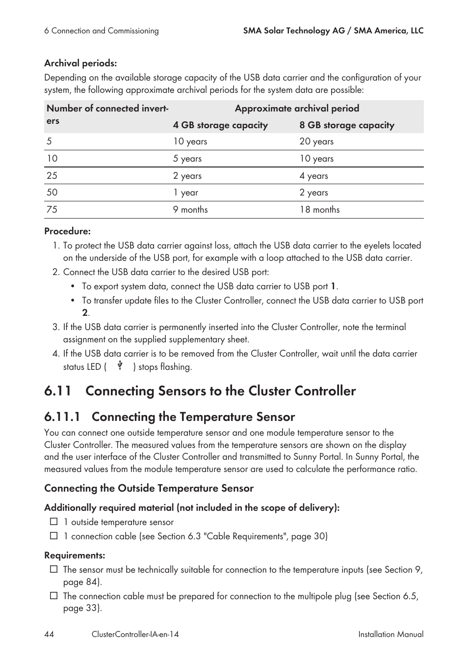 11 connecting sensors to the cluster controller, 1 connecting the temperature sensor | SMA CLUSTER CONTROLLER Installation User Manual | Page 44 / 92