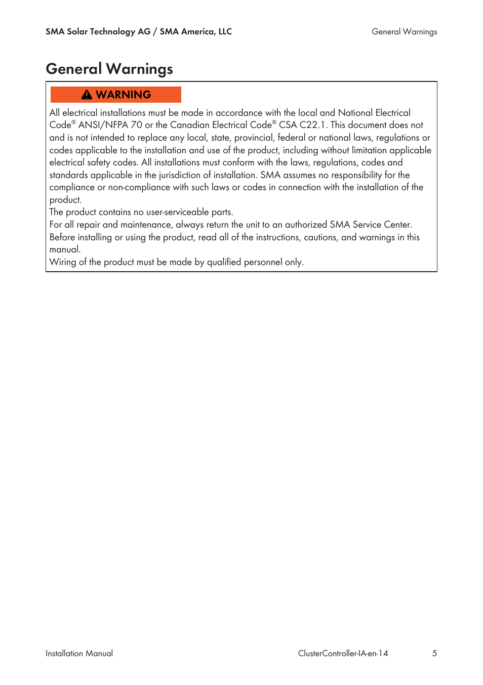 General warnings | SMA CLUSTER CONTROLLER Installation User Manual | Page 5 / 92