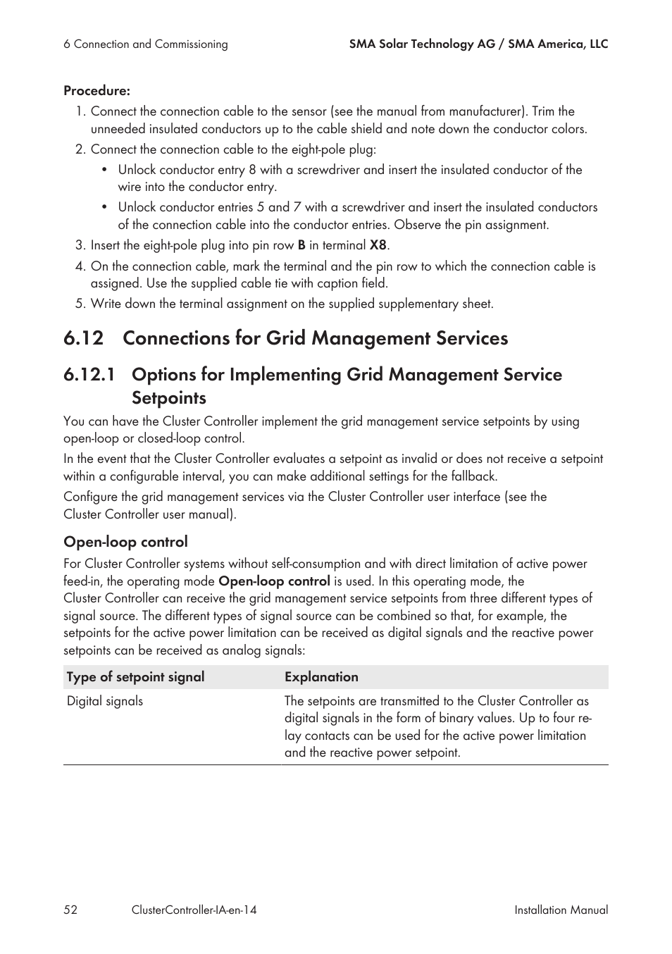 12 connections for grid management services | SMA CLUSTER CONTROLLER Installation User Manual | Page 52 / 92