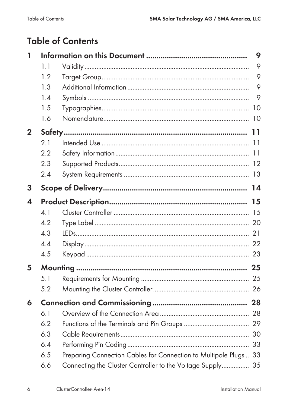SMA CLUSTER CONTROLLER Installation User Manual | Page 6 / 92