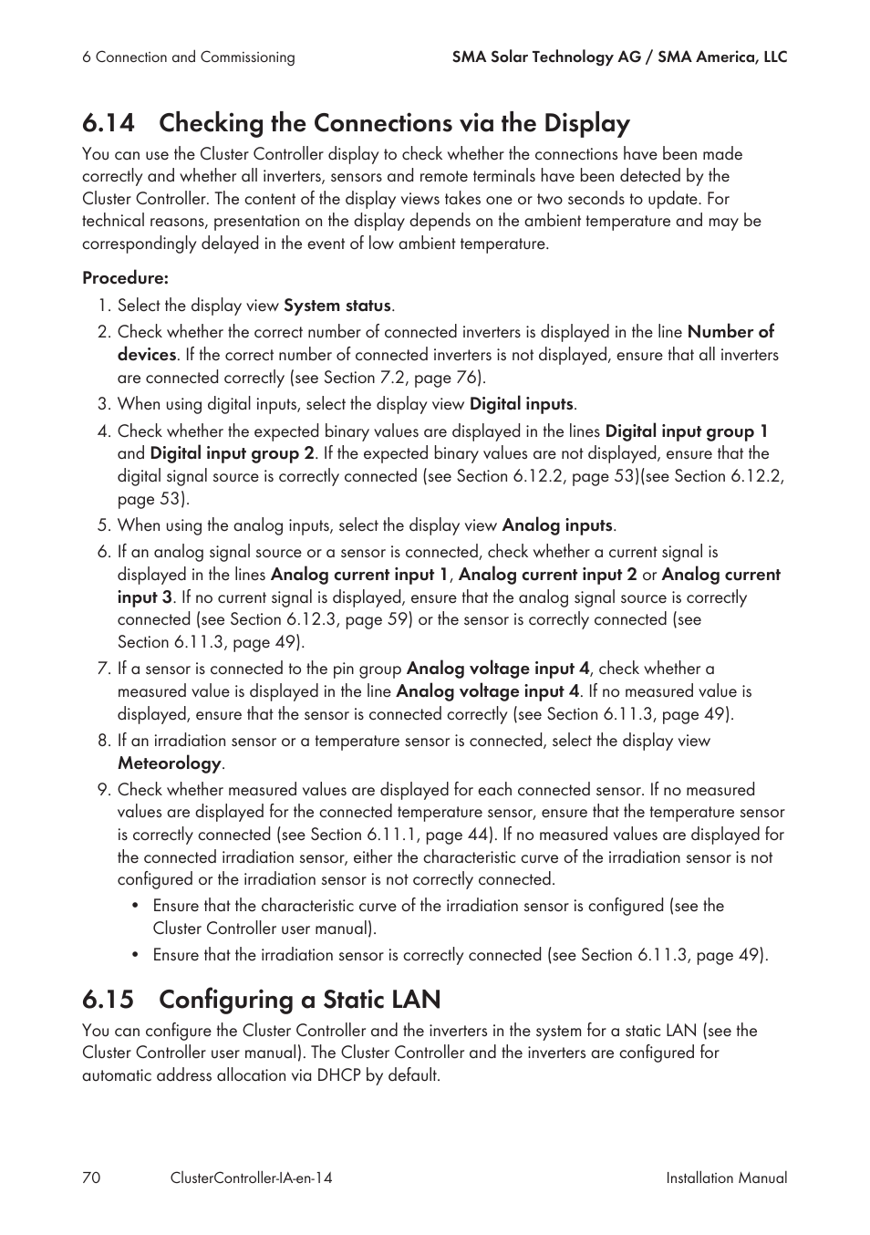 14 checking the connections via the display, 15 configuring a static lan | SMA CLUSTER CONTROLLER Installation User Manual | Page 70 / 92