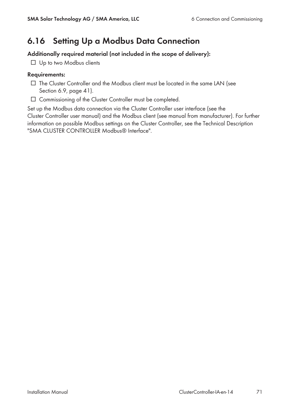 16 setting up a modbus data connection | SMA CLUSTER CONTROLLER Installation User Manual | Page 71 / 92
