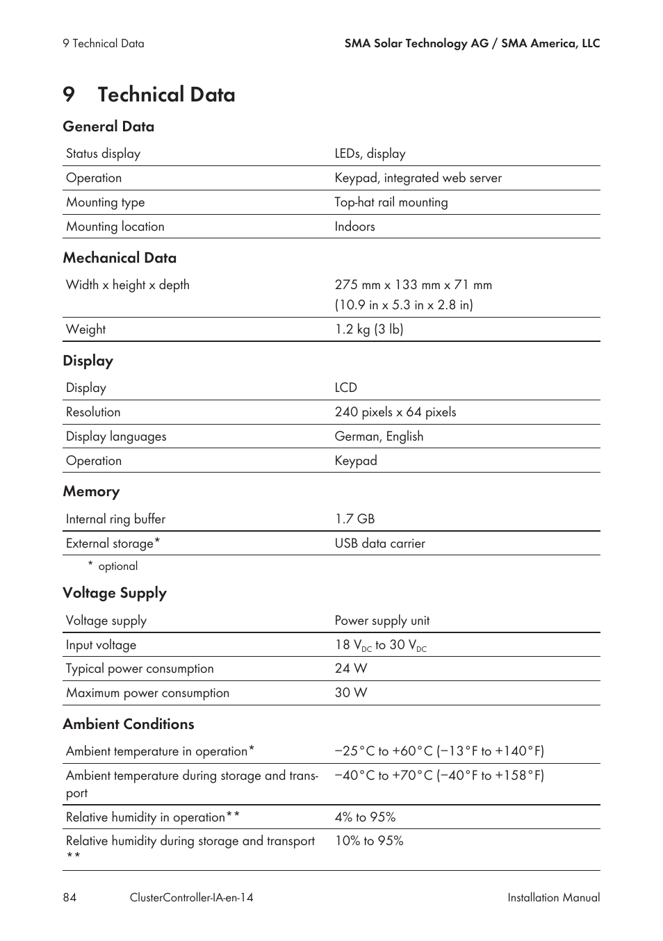 9 technical data, Technical data, See section 9 | 9technical data | SMA CLUSTER CONTROLLER Installation User Manual | Page 84 / 92