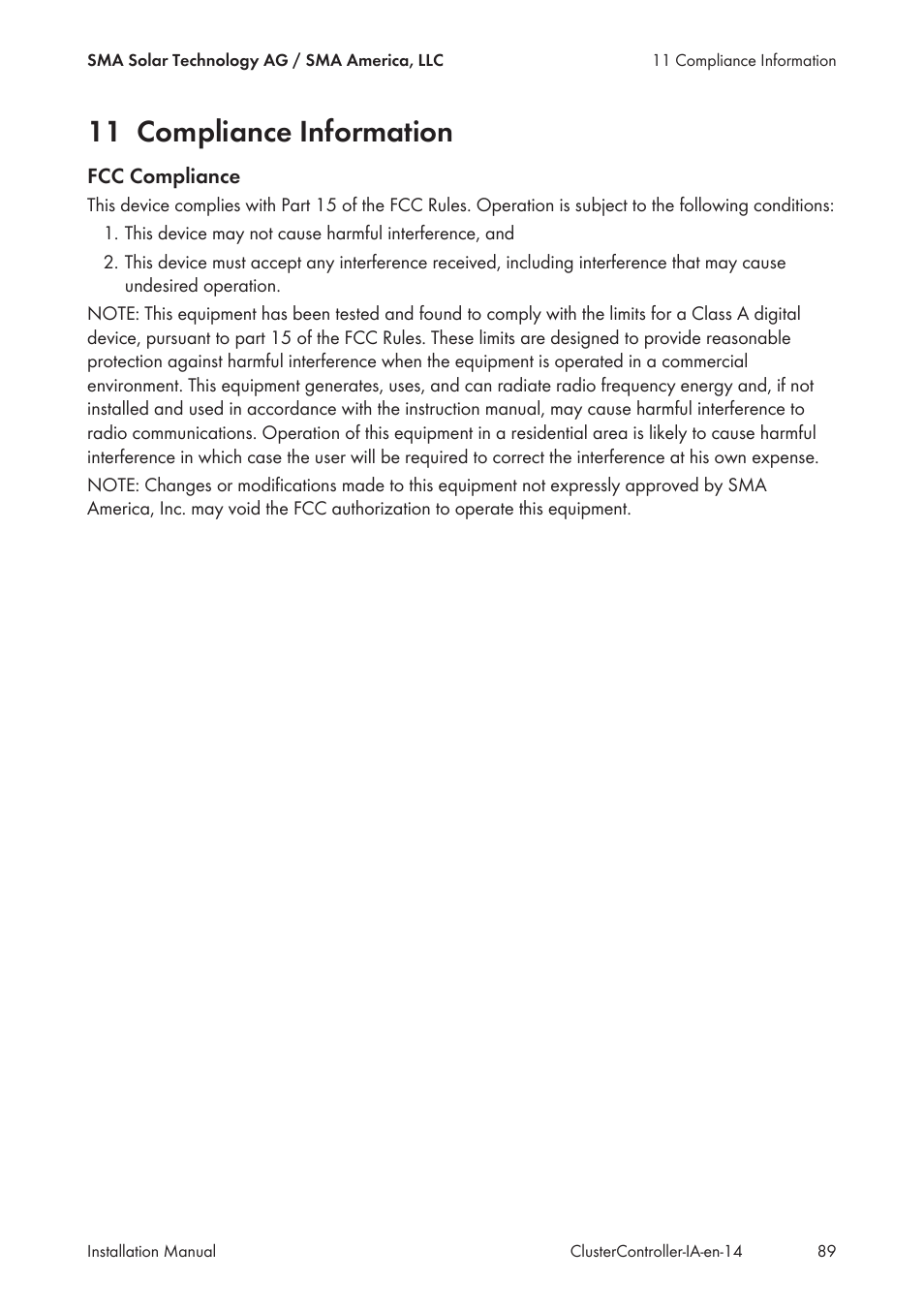 11 compliance information | SMA CLUSTER CONTROLLER Installation User Manual | Page 89 / 92