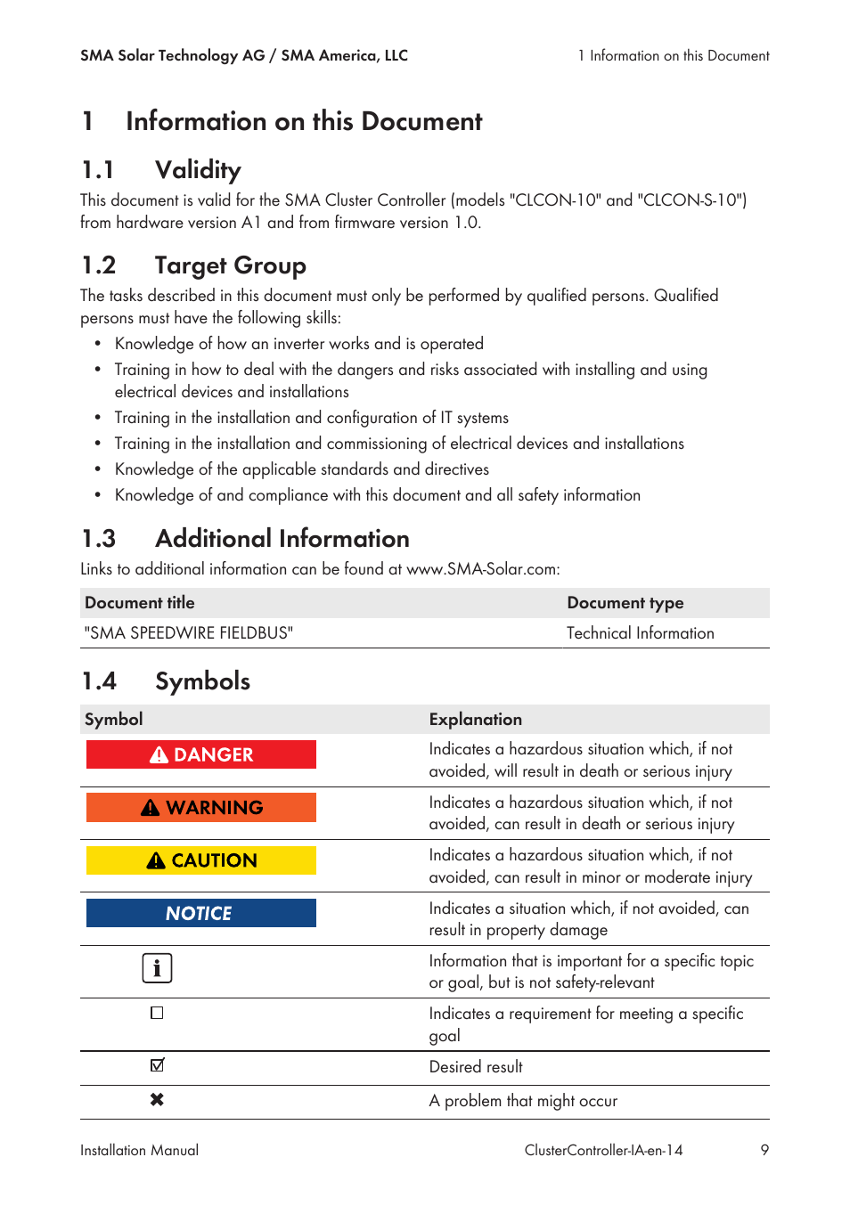 1 information on this document, 1 validity, 2 target group | 3 additional information, 4 symbols, Information on this document, Validity, Target group, Additional information, Symbols | SMA CLUSTER CONTROLLER Installation User Manual | Page 9 / 92