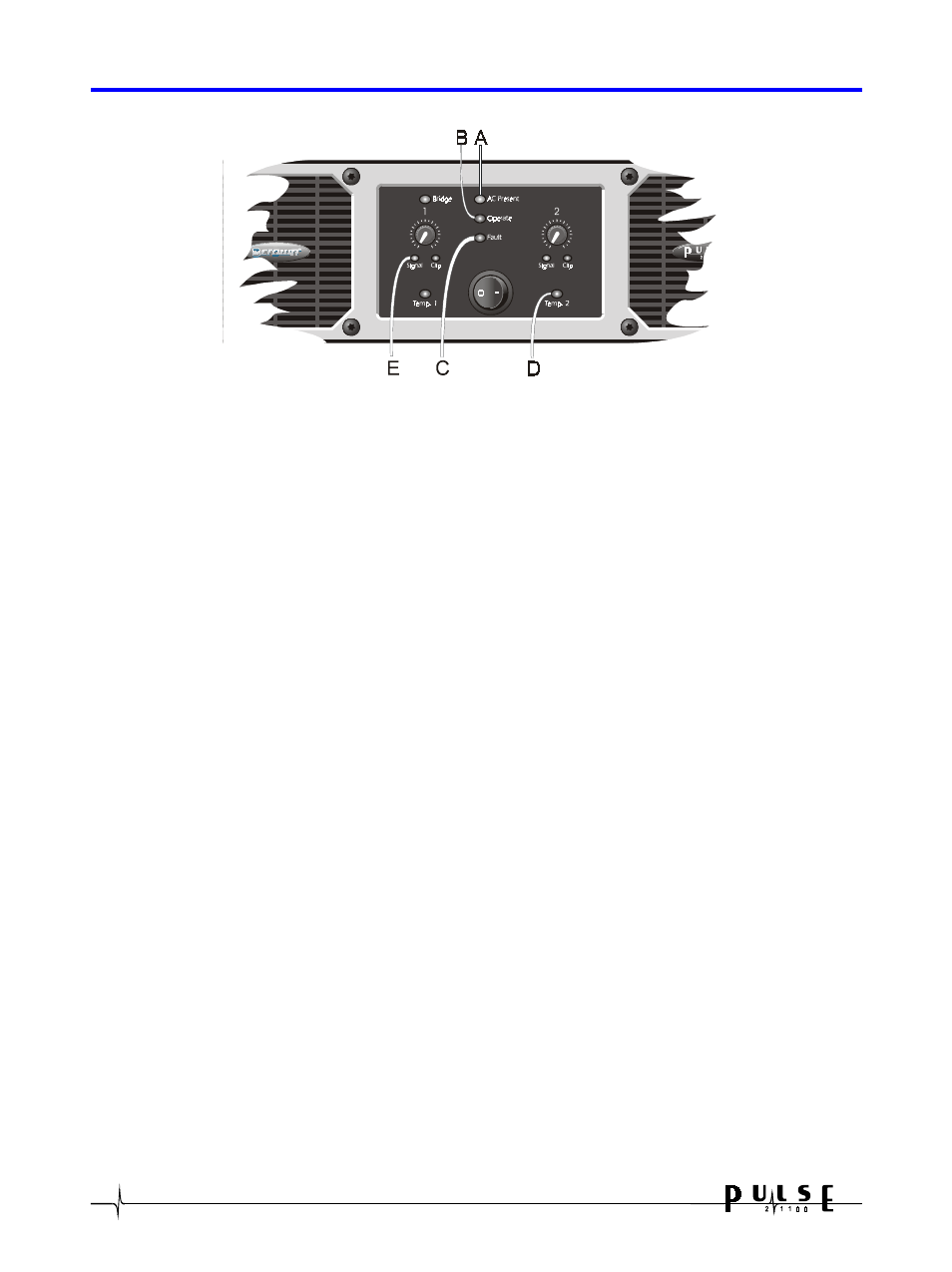 0 indicators, A. ac present, B. operate | C. fault, D. temp 1&2, E. signal | Crown Audio Pulse 21100 User Manual | Page 10 / 22