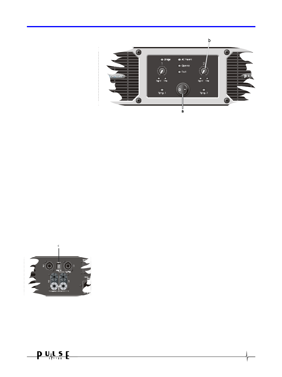 0 control operation, A. power switch, B. level controls 1 and 2 | C. bridge switch | Crown Audio Pulse 21100 User Manual | Page 9 / 22