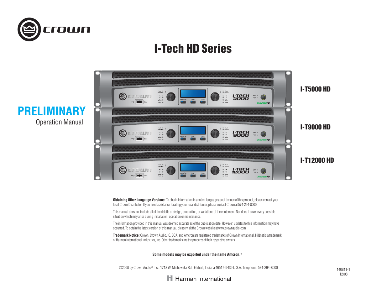 Crown Audio I-T12000 HD User Manual | 60 pages