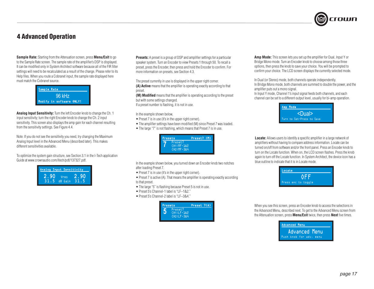 4 advanced operation, Dual, 96 khz | Advanced menu | Crown Audio I-T12000 HD User Manual | Page 17 / 60