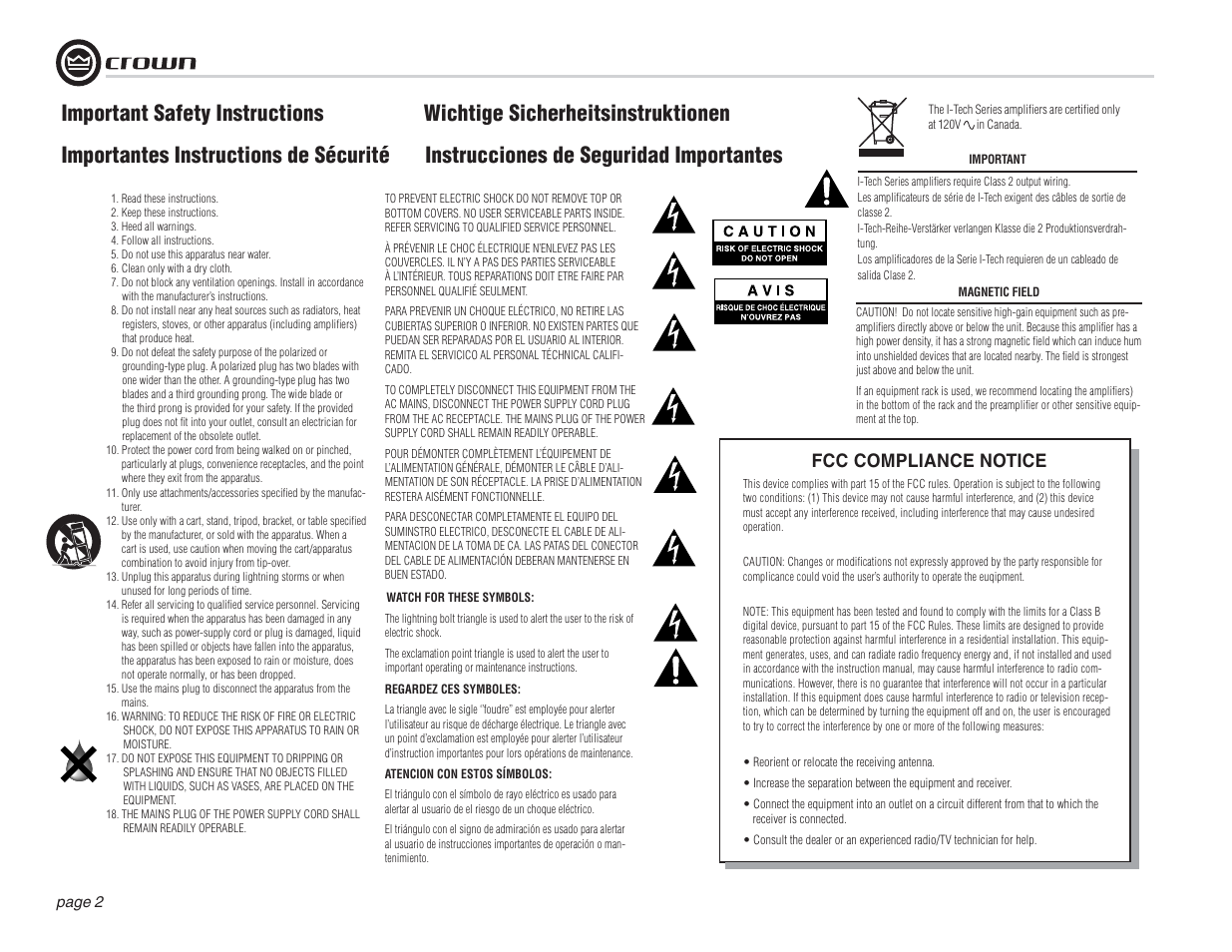 Important safety instructions, Fcc compliance notice | Crown Audio I-T12000 HD User Manual | Page 2 / 60