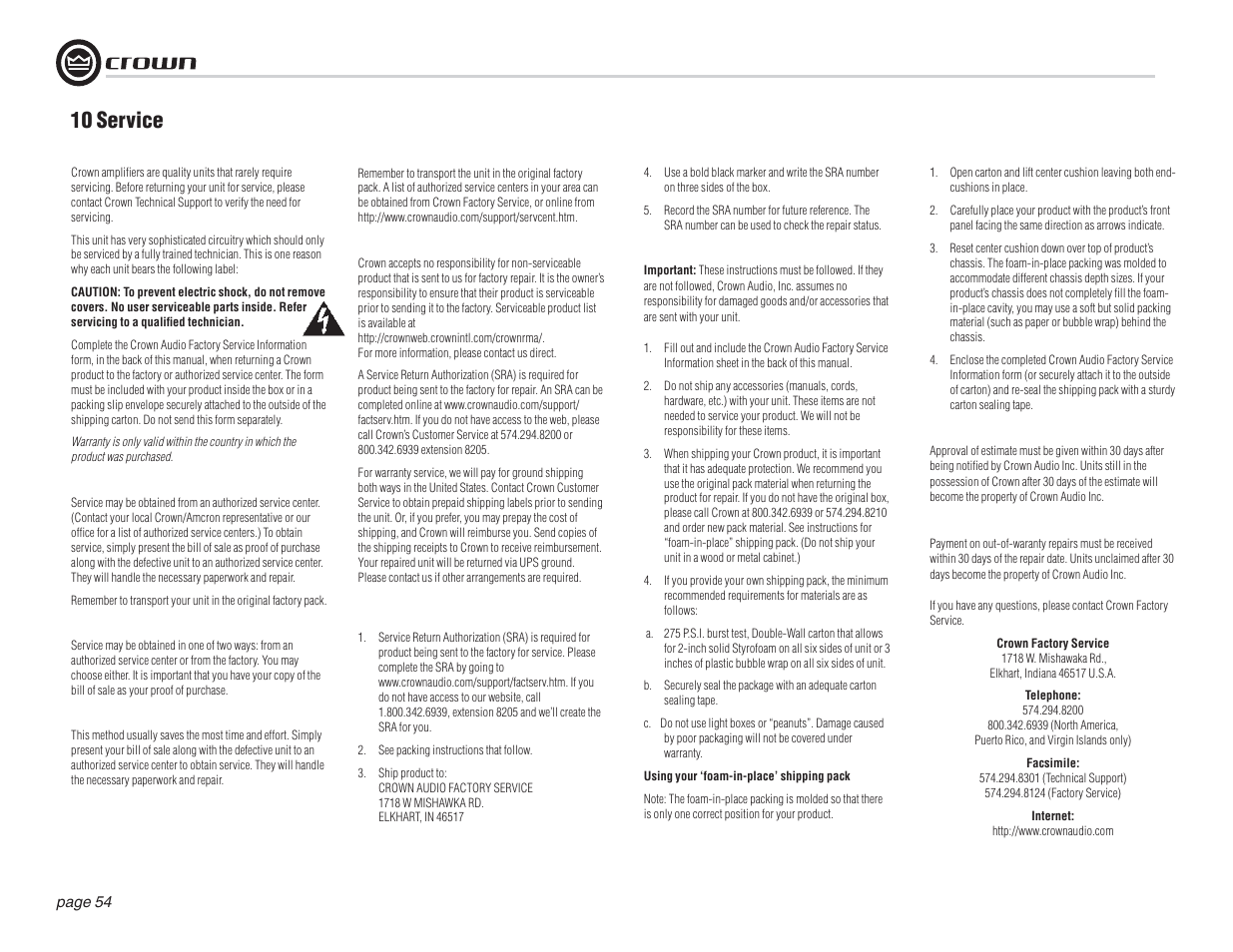 10 service | Crown Audio I-T12000 HD User Manual | Page 54 / 60