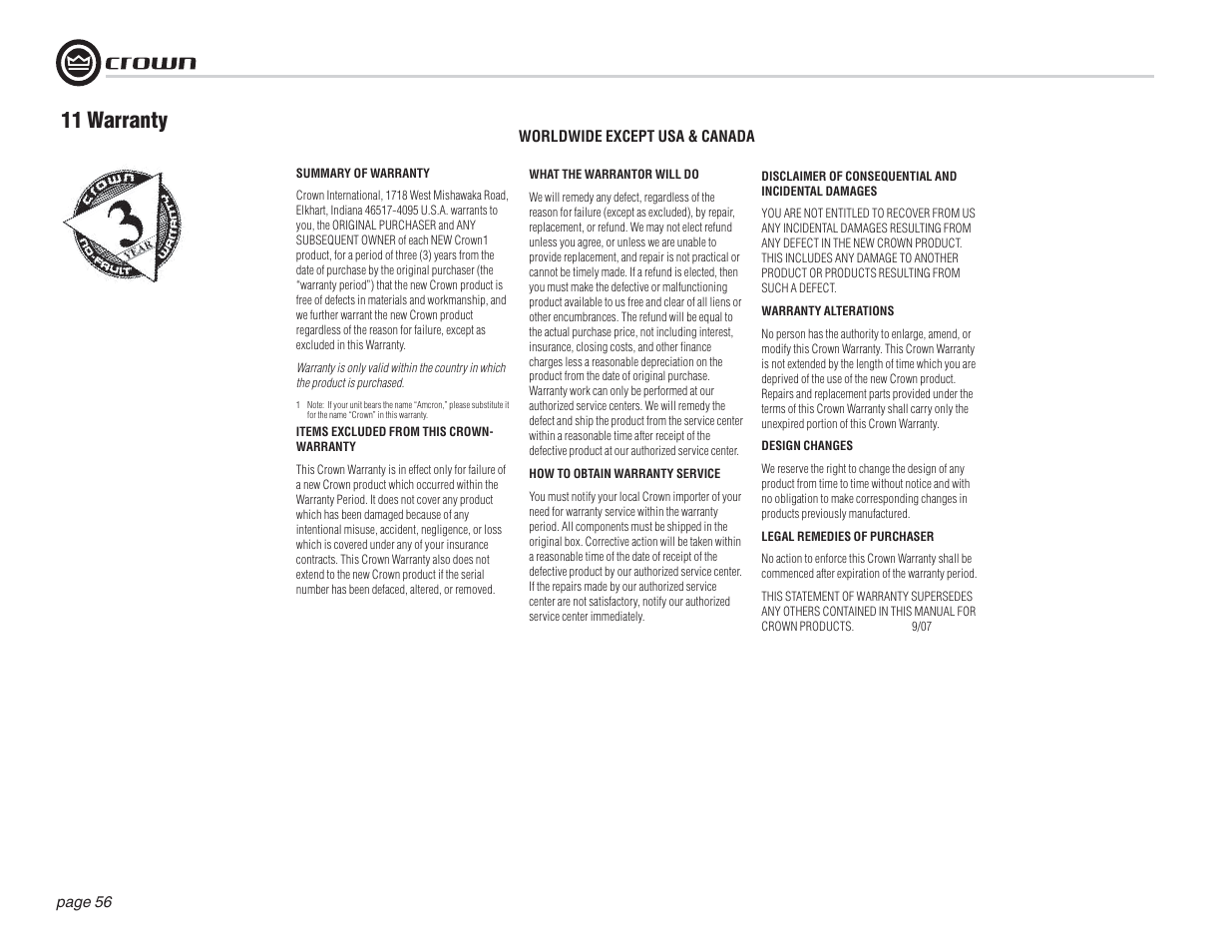 11 warranty | Crown Audio I-T12000 HD User Manual | Page 56 / 60