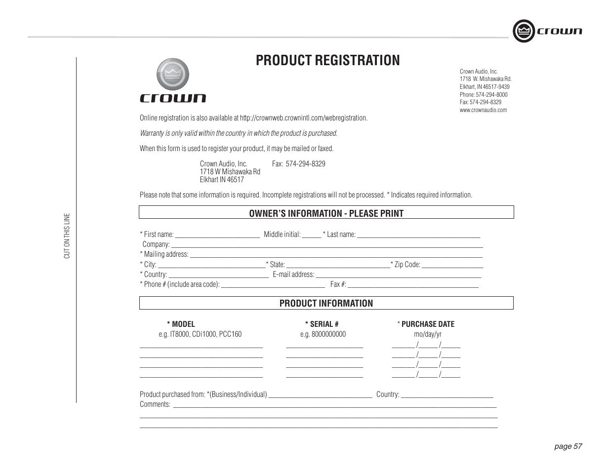 Product registration | Crown Audio I-T12000 HD User Manual | Page 57 / 60