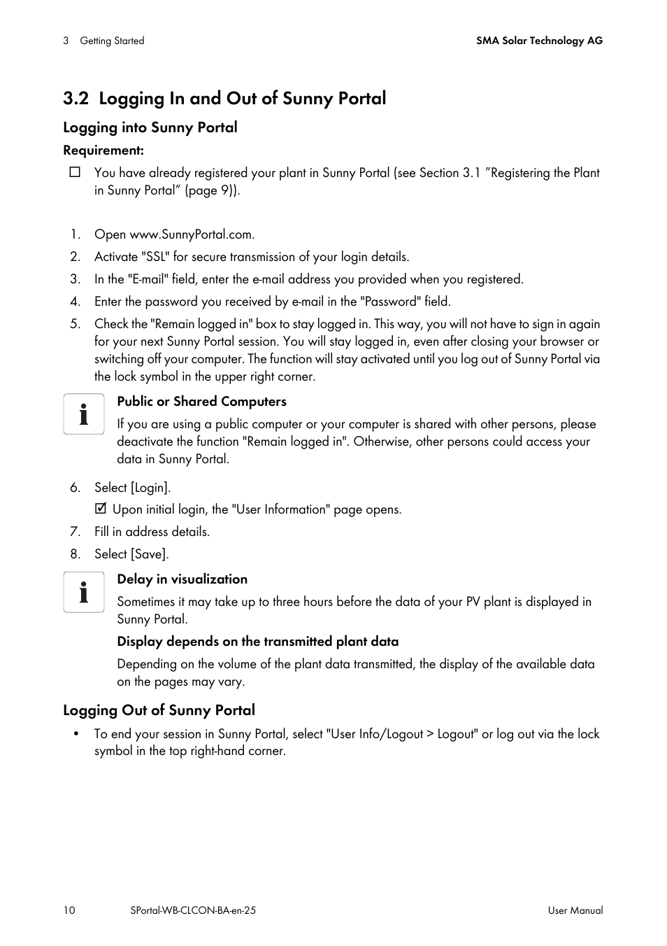 2 logging in and out of sunny portal, Logging in and out of sunny portal | SMA SUNNY WEBBOX User Manual | Page 10 / 77