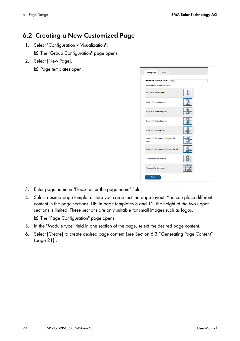 2 creating a new customized page | SMA SUNNY WEBBOX User Manual | Page 20 / 77