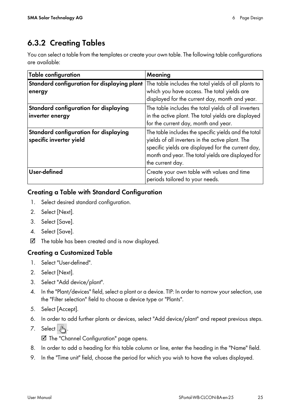 2 creating tables, Creating tables | SMA SUNNY WEBBOX User Manual | Page 25 / 77