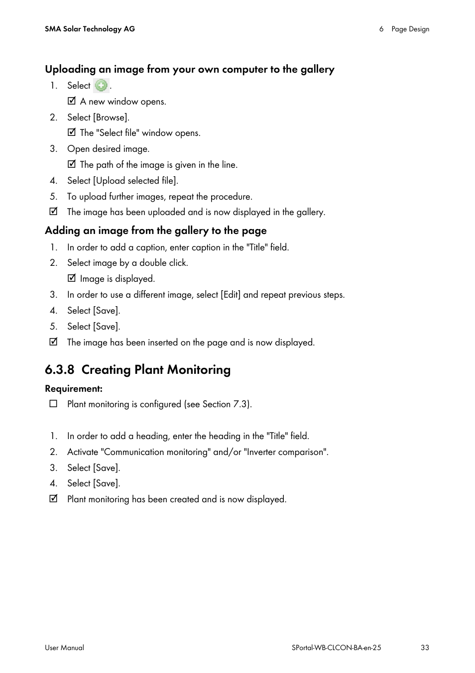 8 creating plant monitoring, Creating plant monitoring | SMA SUNNY WEBBOX User Manual | Page 33 / 77