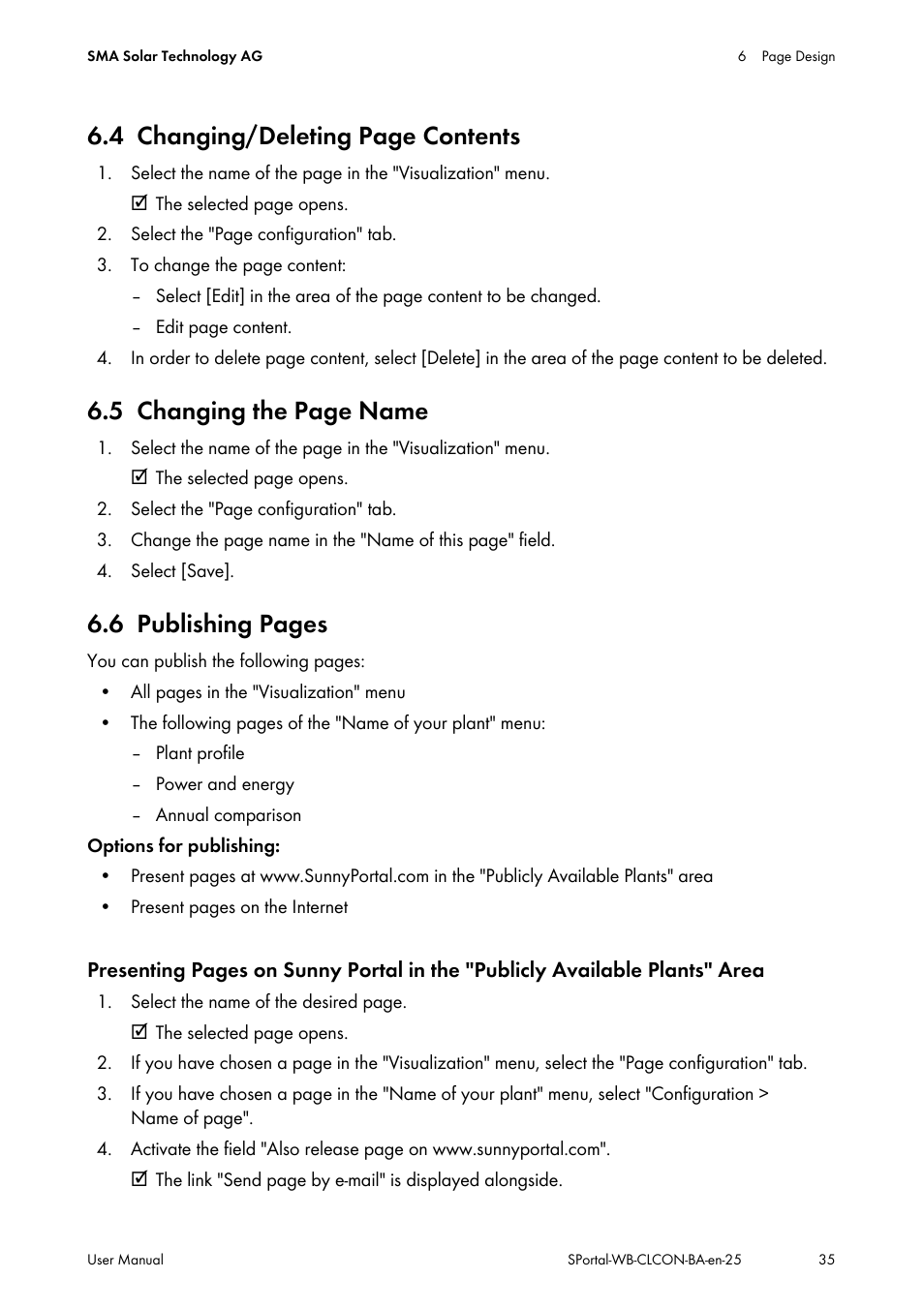 4 changing/deleting page contents, 5 changing the page name, 6 publishing pages | SMA SUNNY WEBBOX User Manual | Page 35 / 77