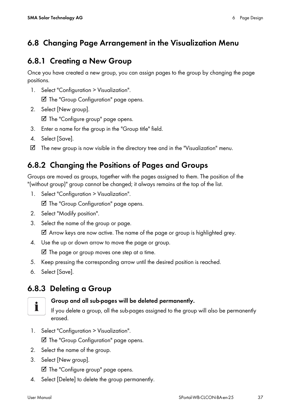 1 creating a new group, 3 deleting a group, Creating a new group | Deleting a group, 2 changing the positions of pages and groups | SMA SUNNY WEBBOX User Manual | Page 37 / 77