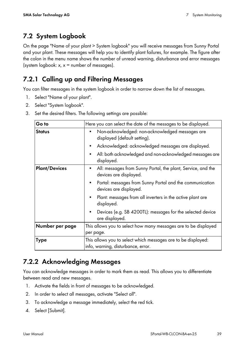 2 system logbook, 1 calling up and filtering messages, 2 acknowledging messages | System logbook, Calling up and filtering messages, Acknowledging messages | SMA SUNNY WEBBOX User Manual | Page 39 / 77