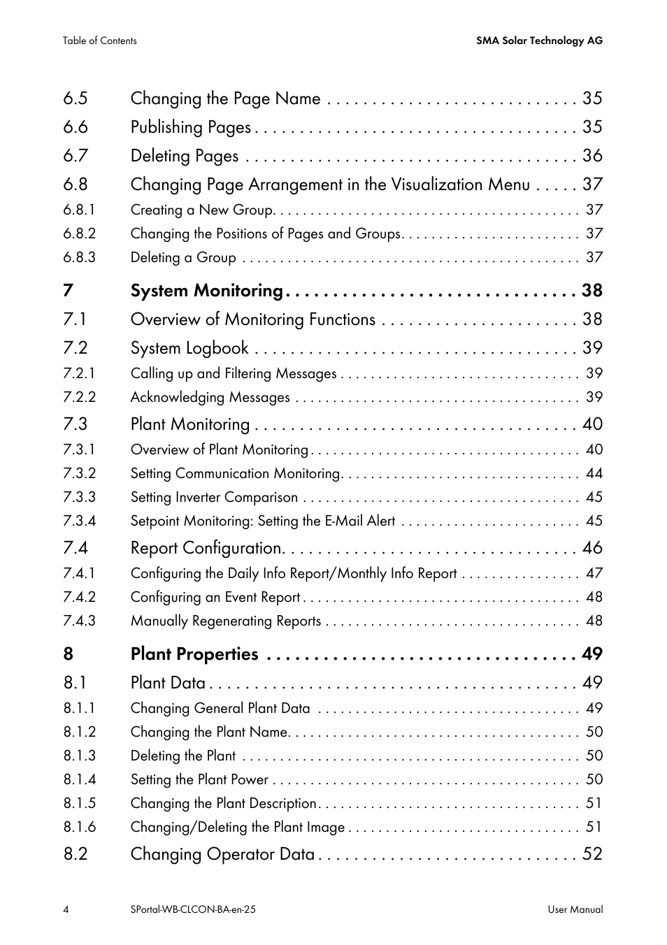 3 plant monitoring, 4 report configuration, 8plant properties 8.1 plant data | 2 changing operator data | SMA SUNNY WEBBOX User Manual | Page 4 / 77