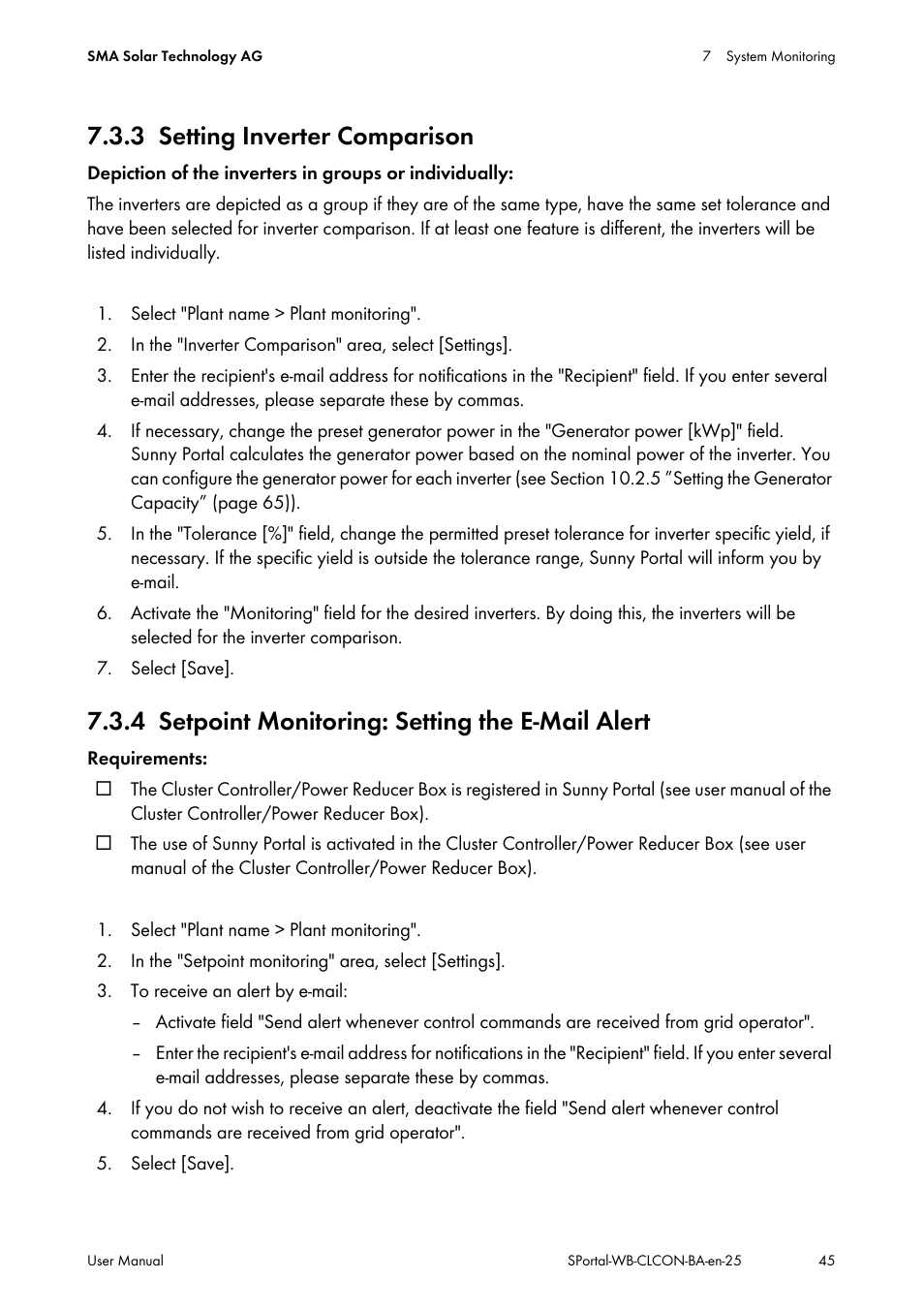 3 setting inverter comparison, 4 setpoint monitoring: setting the e-mail alert, Setting inverter comparison | Setpoint monitoring: setting the e-mail alert | SMA SUNNY WEBBOX User Manual | Page 45 / 77