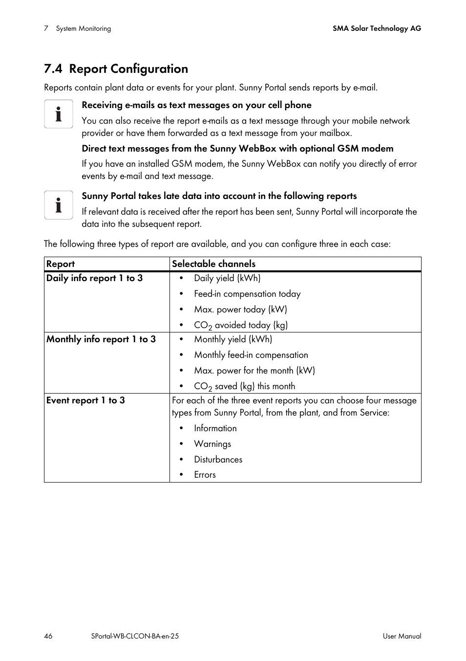 4 report configuration, Report configuration, Ion, see section 7.4 ”report configuration | SMA SUNNY WEBBOX User Manual | Page 46 / 77