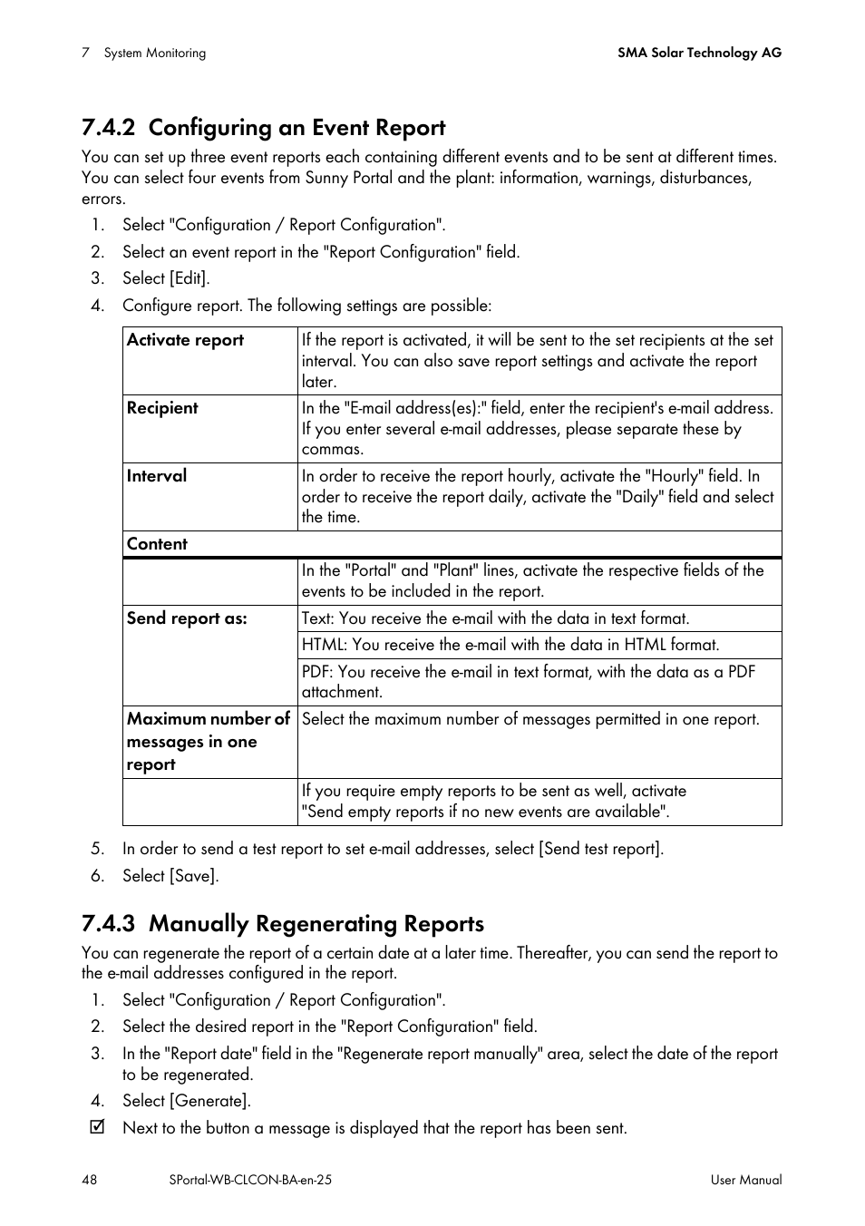 2 configuring an event report, 3 manually regenerating reports, Configuring an event report | Manually regenerating reports | SMA SUNNY WEBBOX User Manual | Page 48 / 77