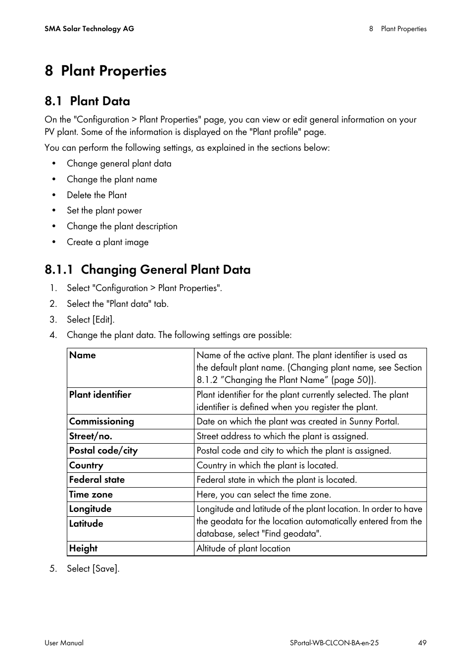 8 plant properties, 1 plant data, 1 changing general plant data | Plant properties, Plant data, Changing general plant data | SMA SUNNY WEBBOX User Manual | Page 49 / 77