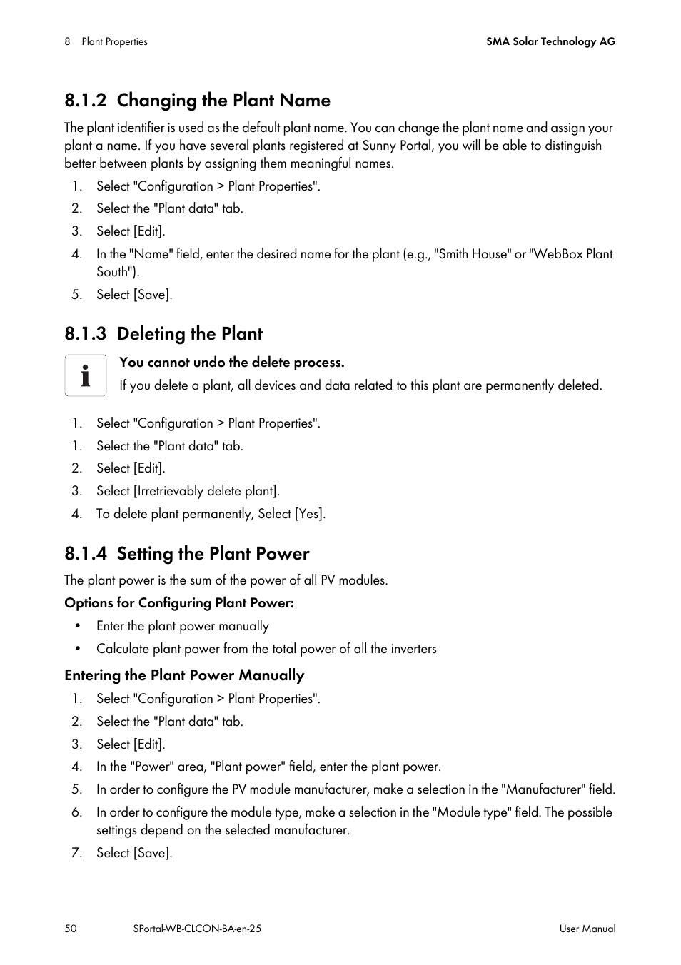 2 changing the plant name, 3 deleting the plant, 4 setting the plant power | Changing the plant name, Deleting the plant, Setting the plant power | SMA SUNNY WEBBOX User Manual | Page 50 / 77
