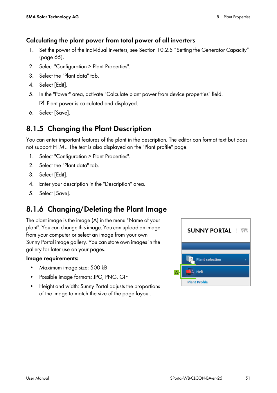 5 changing the plant description, 6 changing/deleting the plant image, Changing the plant description | Changing/deleting the plant image | SMA SUNNY WEBBOX User Manual | Page 51 / 77