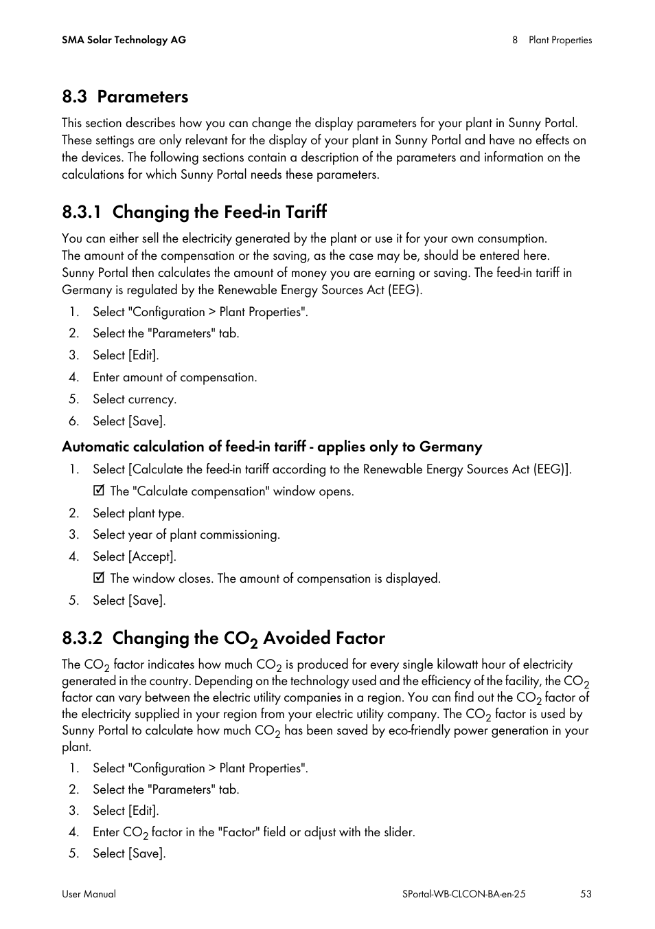 3 parameters, 1 changing the feed-in tariff, 2 changing the co2 avoided factor | Parameters, Changing the feed-in tariff, Changing the co, 2 changing the co, Avoided factor | SMA SUNNY WEBBOX User Manual | Page 53 / 77