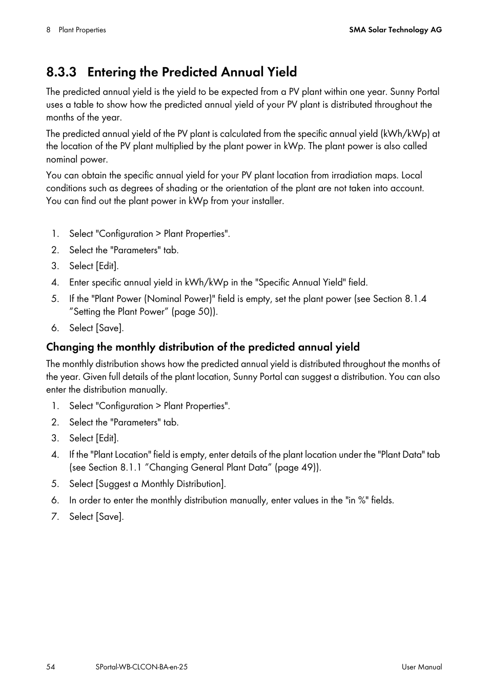 3 entering the predicted annual yield, Entering the predicted annual yield | SMA SUNNY WEBBOX User Manual | Page 54 / 77