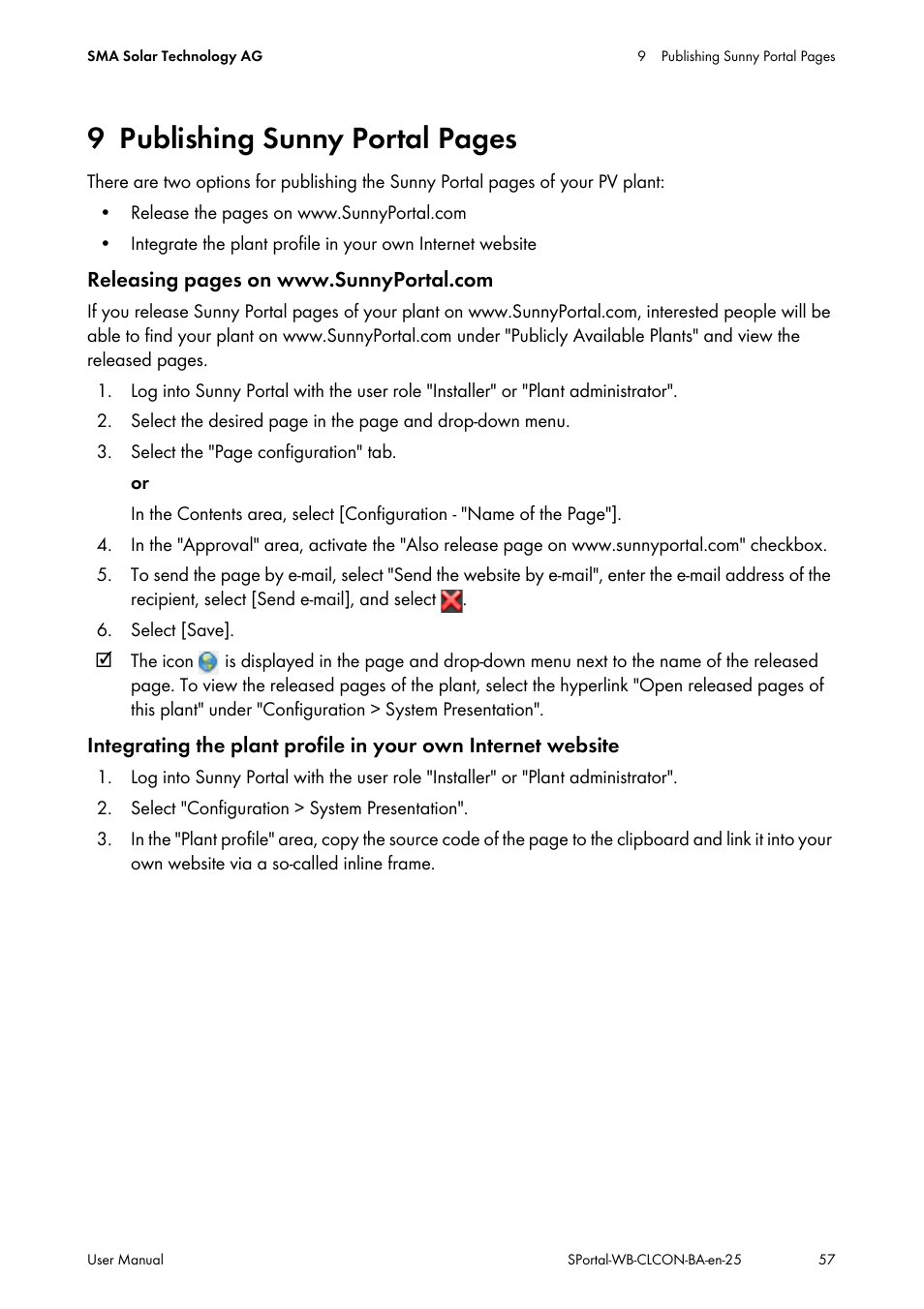 N 9 ”publishing sunny portal, 9 publishing sunny portal pages | SMA SUNNY WEBBOX User Manual | Page 57 / 77