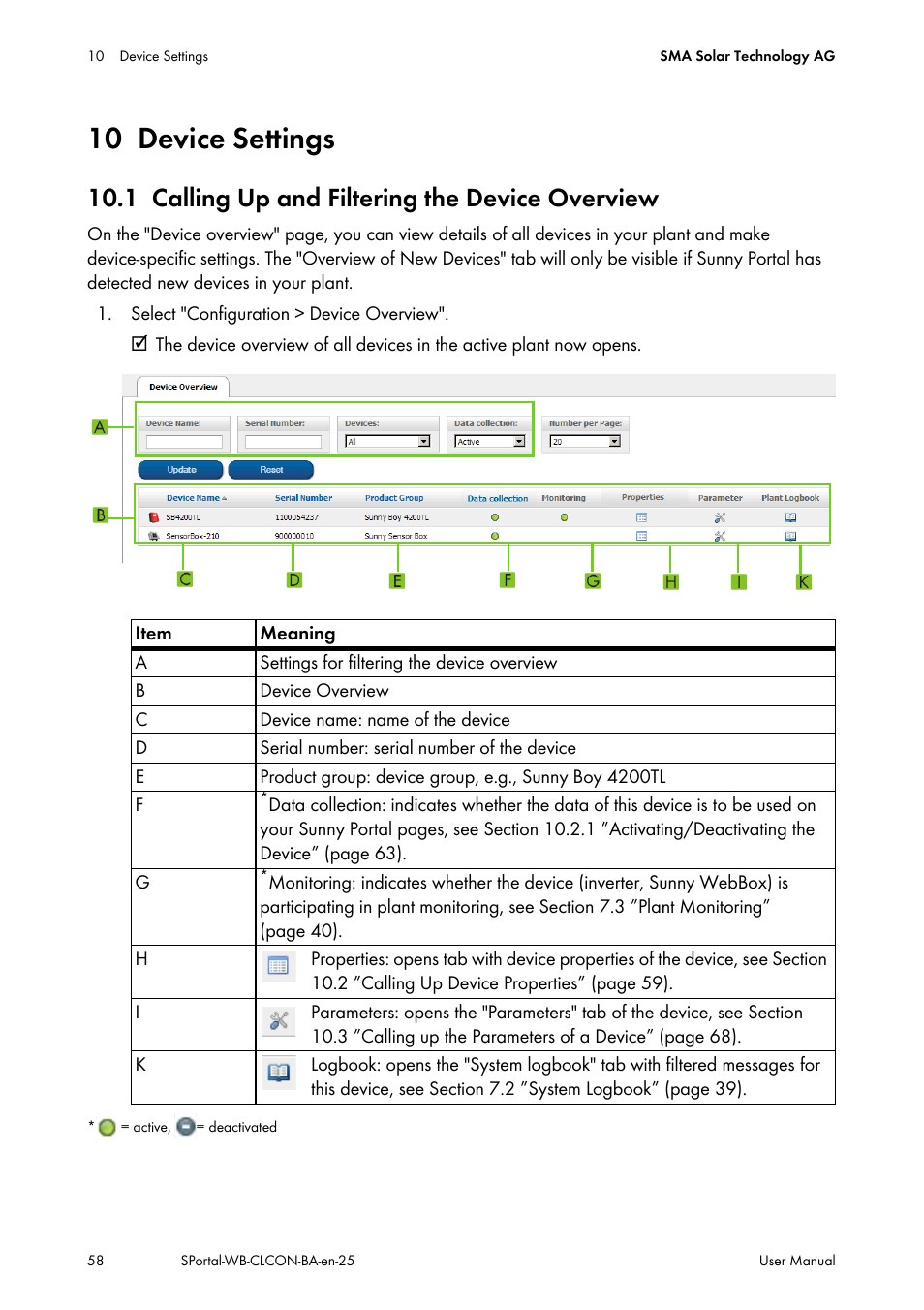 10 device settings, 1 calling up and filtering the device overview, Device settings | Calling up and filtering the device overview, N 10.1 ”calling up and filtering the | SMA SUNNY WEBBOX User Manual | Page 58 / 77