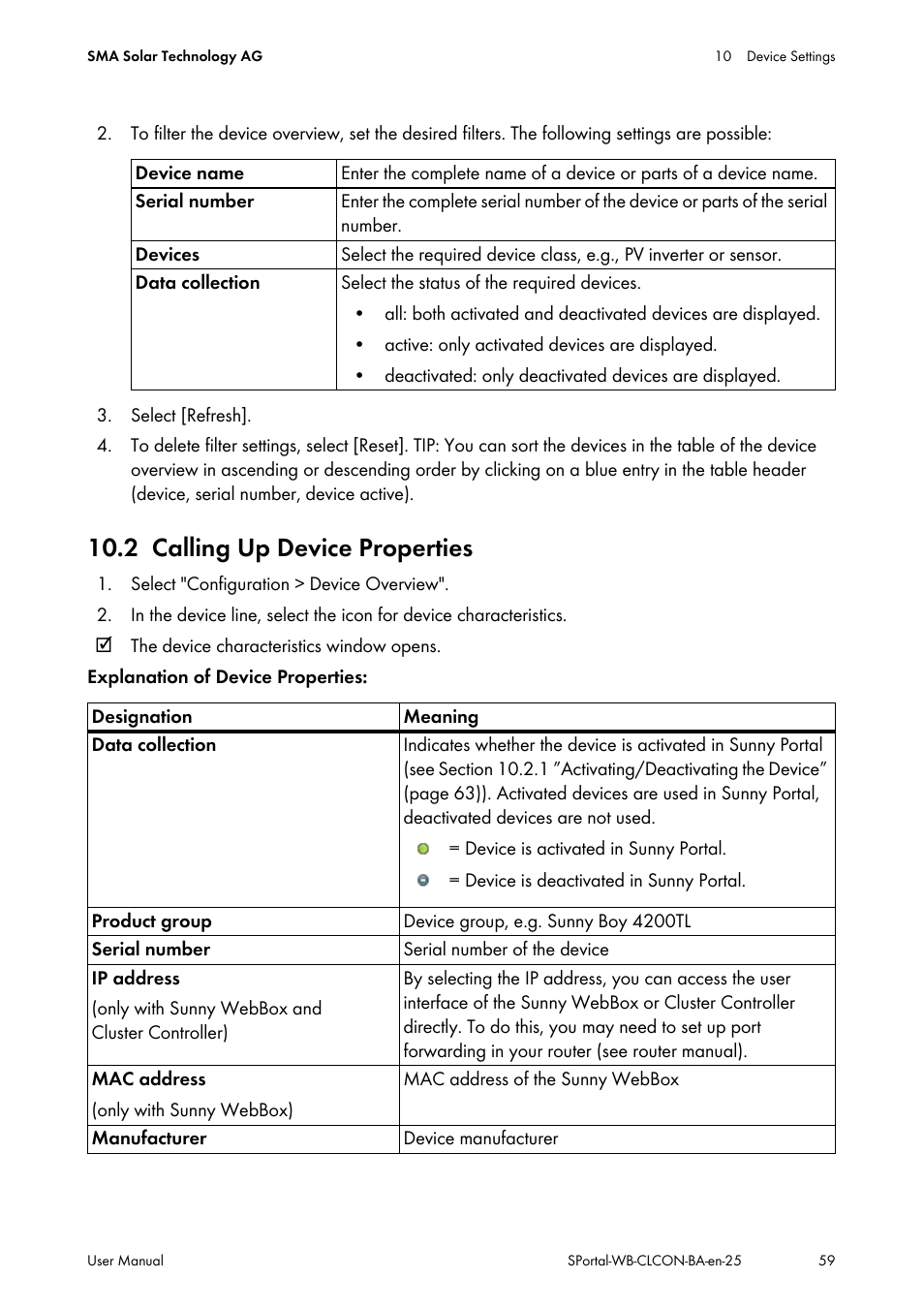 2 calling up device properties, Calling up device properties | SMA SUNNY WEBBOX User Manual | Page 59 / 77