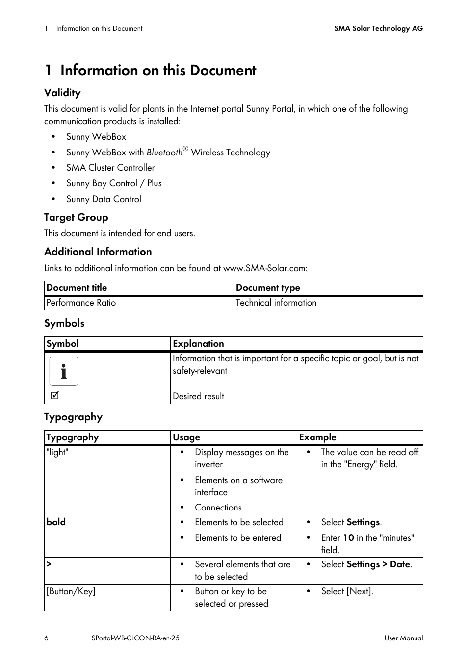 1 information on this document, Information on this document | SMA SUNNY WEBBOX User Manual | Page 6 / 77